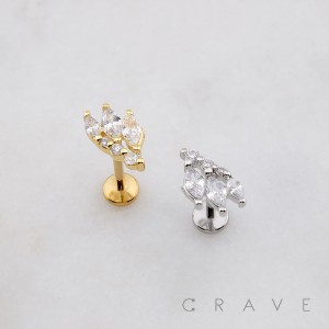 CRESCENT TRIPLE CZ MARQUISE SPIKED MULTI CZ THREADLESS (PUSH IN) 316L SURGICAL STEEL LABRET SET